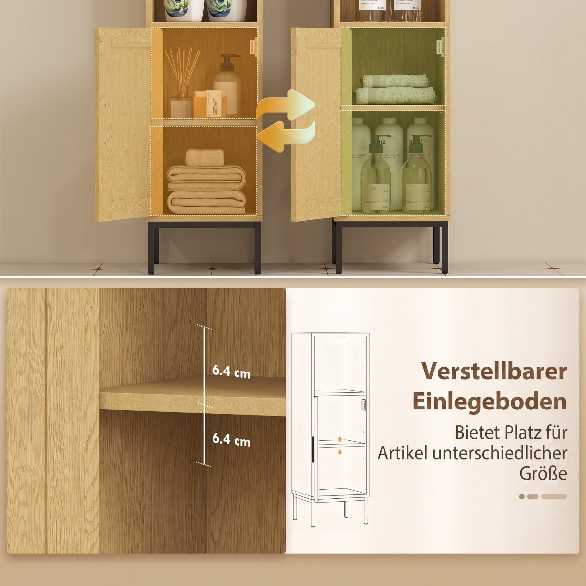 HOMCOM Badezimmerschrank Schmal mit Verstellbarem Regal, Natur