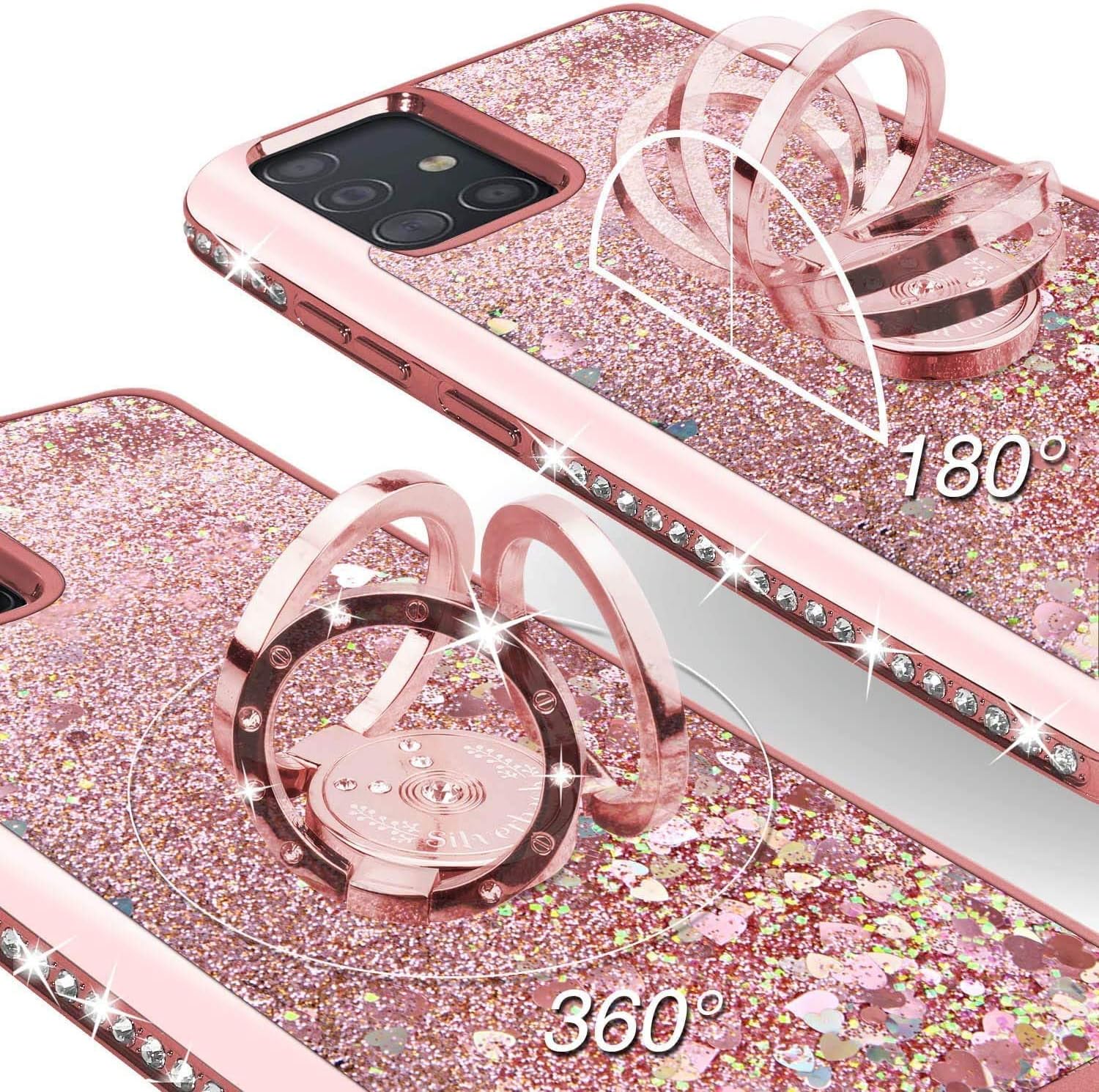 Silverback Galaxy A51 Case, Moving Liquid Holographic Sparkle Glitter Case with Kickstand, Bling Diamond Bumper W/Ring Slim Protective Samsung Galaxy A51 Case for Girls Women -Rose Gold W