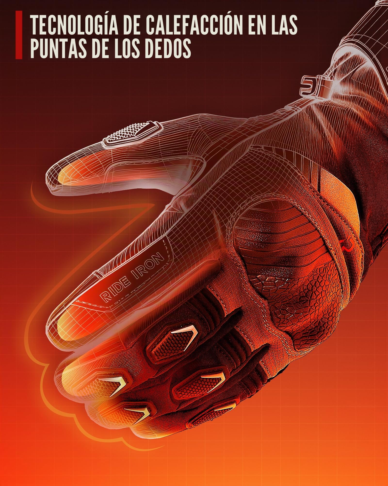 RIDEIRON Guantes Moto Calefactables, CE Nivel 1 KP, Pantalla Táctil | Calor hasta las puntas de los dedos, 3 niveles, modo inteligente, batería recargable de 7,4 V e impermeables, modelo: MG7501H