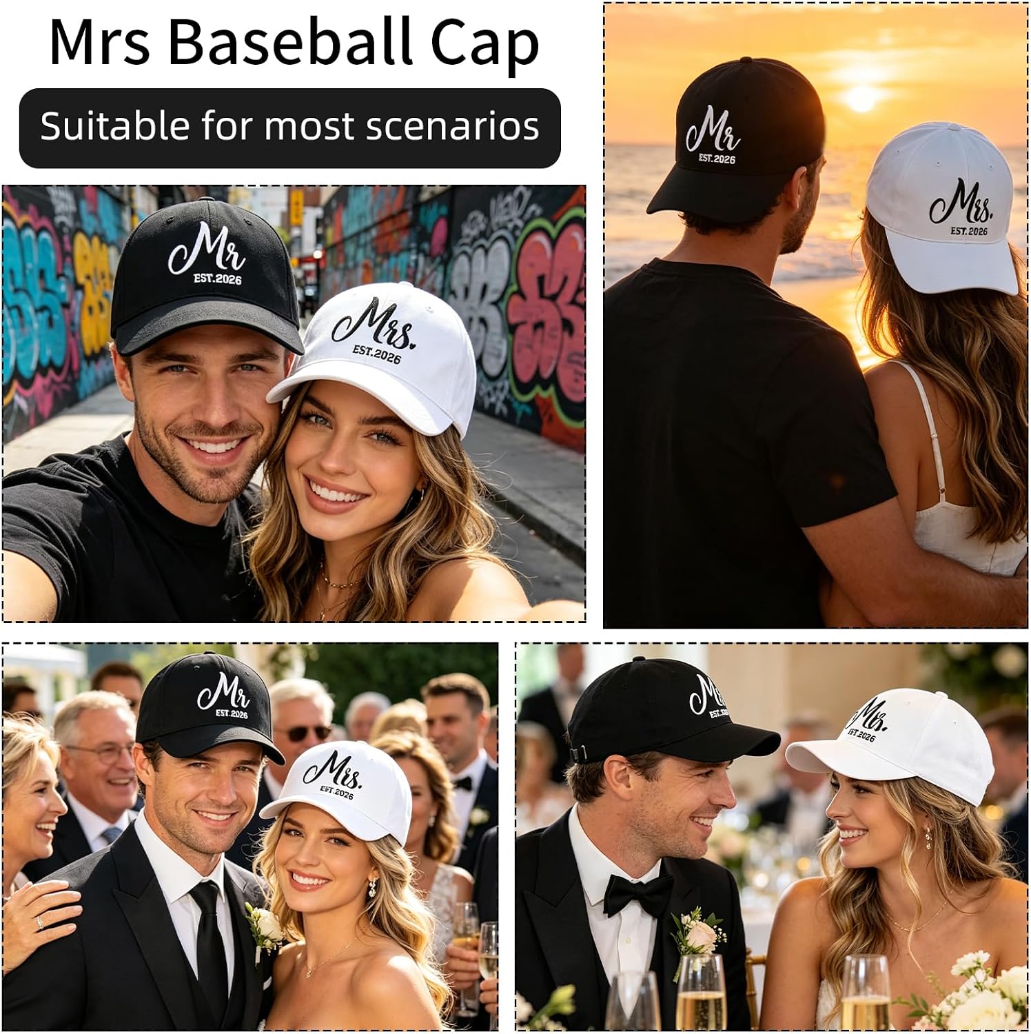 Mr and Mrs Couple Hats, Bridal Shower or Engagement Gifts, Wedding Anniversary Honeymoon Set, Black and White