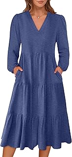 Women's Long Lantern Sleeve Floral Midi Dresses 2025 Fall V Neck Casual Flowy A-line Tiered Boho Vacation Long Dress