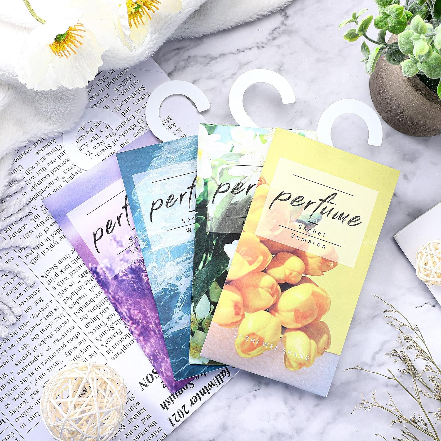 24 Pcs Large Hanging Closet Deodorizer Air Freshener Scented Sachets for Drawers and Closets Long Lasting Lavender Sachet Bags Drawer Freshener for Clothes (Lavender, Jasmine, Waves, Tulip)