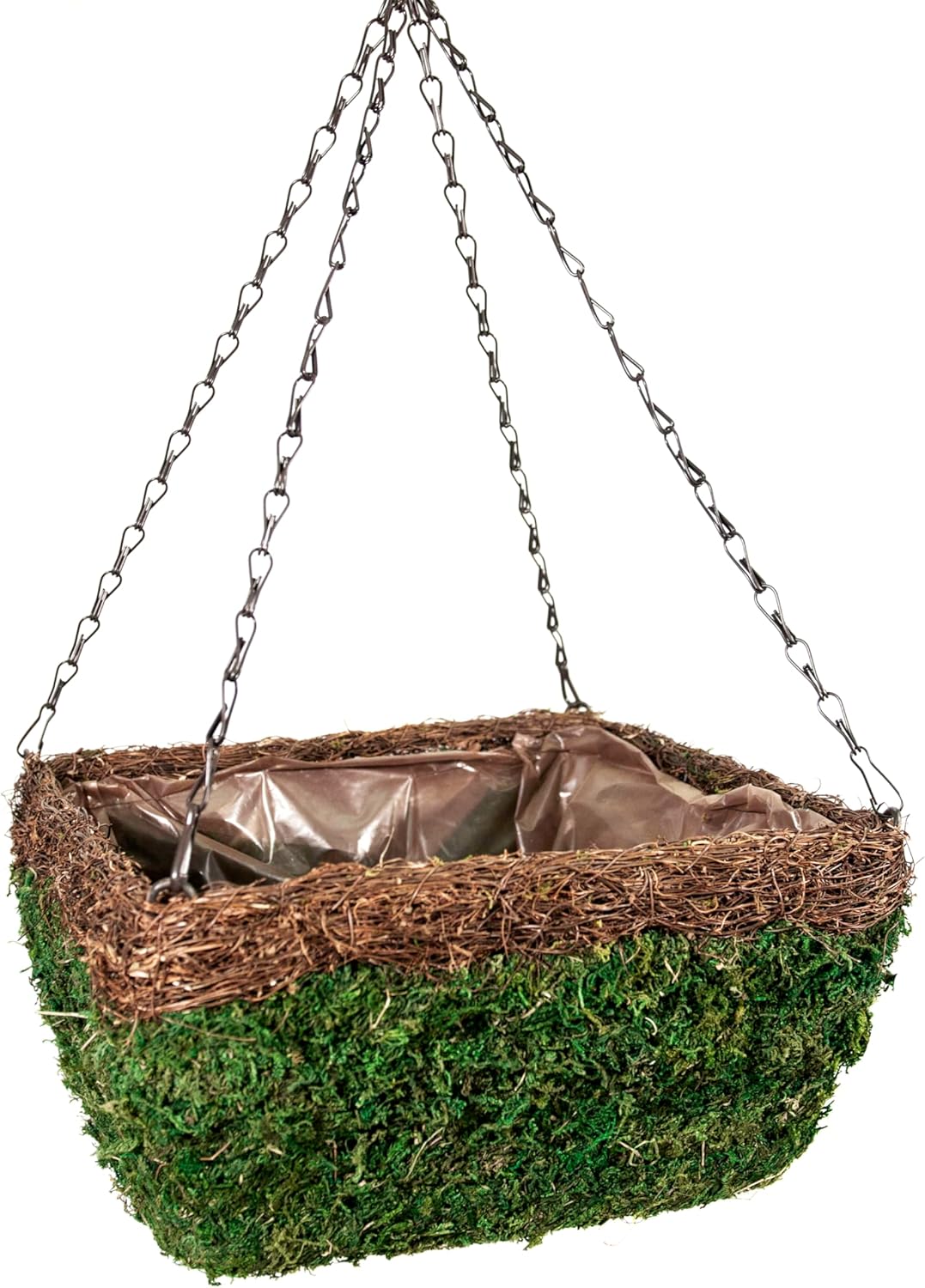 SuperMoss (29214D MossWeave Hanging Basket | Outdoor Hanging Planter with Moss | Decorative Plant Hanger for Porch, Balcony, Garden & Home Décor, Square with Wicker Rim, Large 14” D, Green