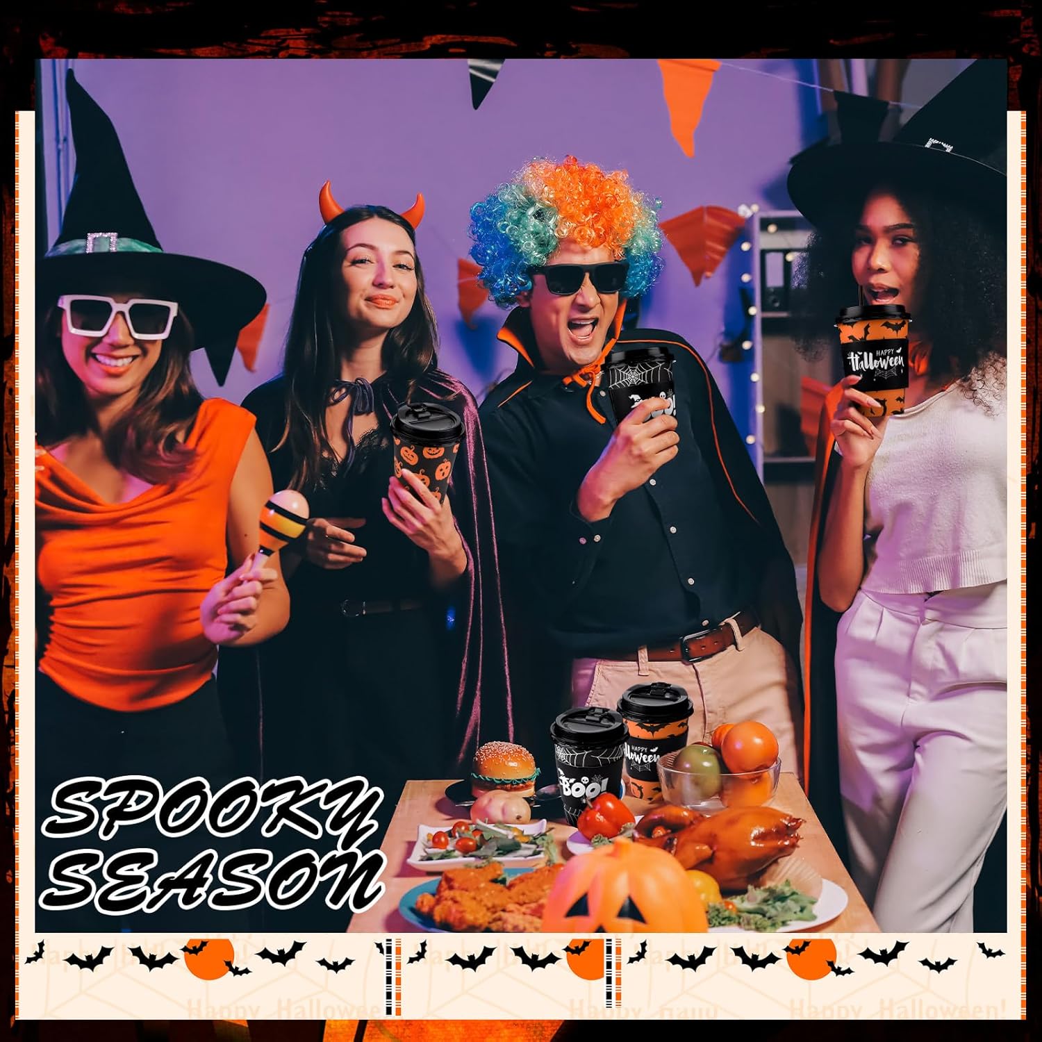 Layhit 100 Sets 12 oz Halloween Disposable Coffee Cups with Lids Sleeves and Stirring Straws Pumpkin Ghost Bat Coffee Paper Cups for Halloween Party Supplies