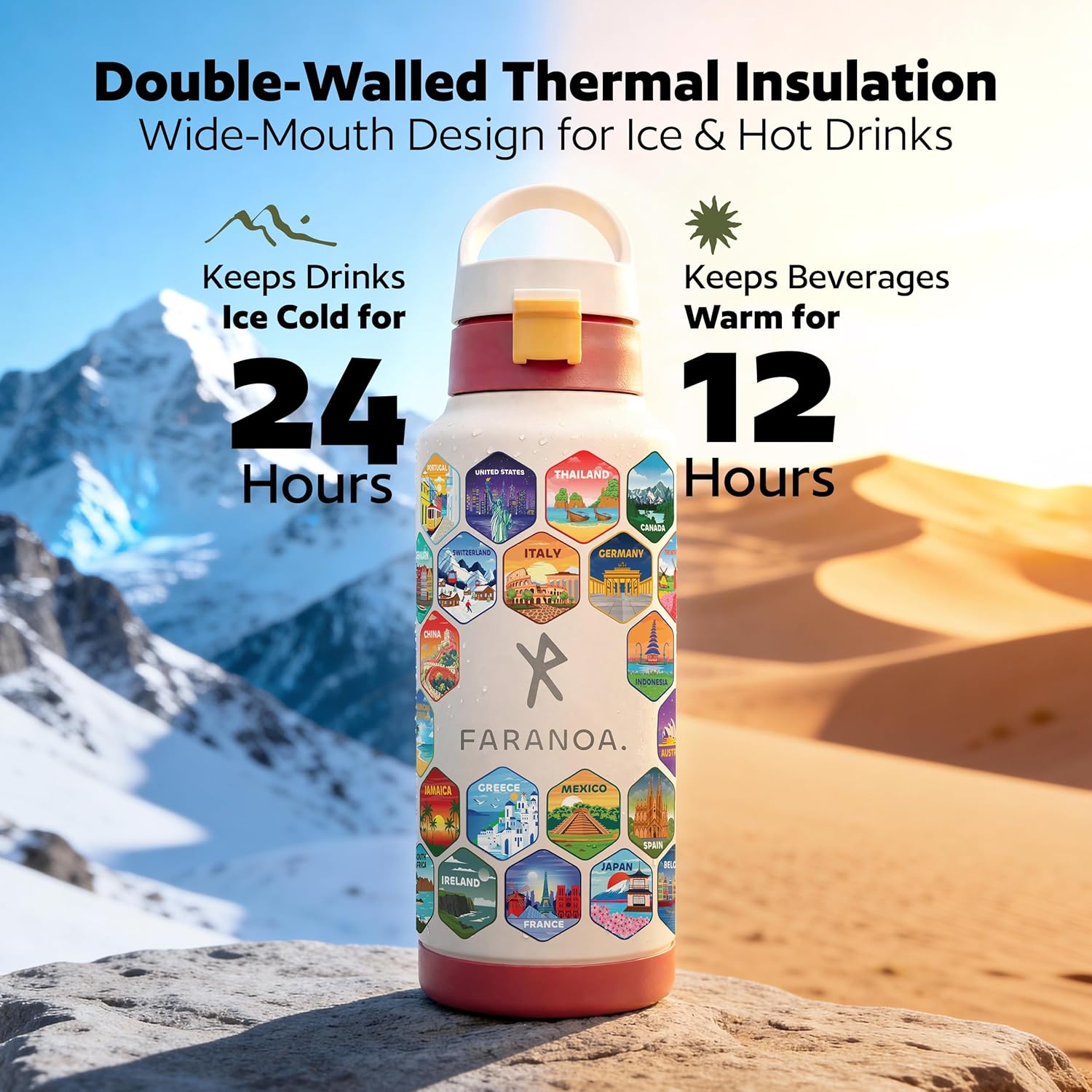 Water Bottle with 55 Waterproof Travel Stickers, 32oz | Lockable Lid & Removable Straw | Leak-Proof & BPA-Free | Double-Wall Vacuum Insulated Stainless Steel Bottle | Countries Engraved, White