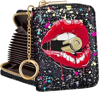 Bistup Credit Card Holder for Women Cute Small for Ladies Teen Girls Female Rfid Leather Cardholder Wallets with Keychain Accordion Organizer Purse Red Lips Girly Aesthetic Print Unique Zipper