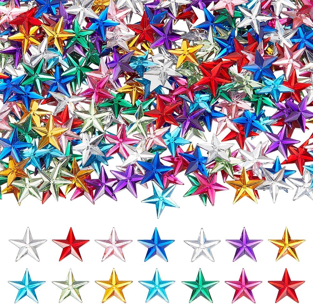 400PCS Colorful Star Rhinestone Acrylic Star Rhinestone Crystal Gems Flat Back Stars Gems Sparkly Crystal Gem for Christmas Patriotic Decorations DIY Crafts Jewelry Making Home Decor 14x13mm