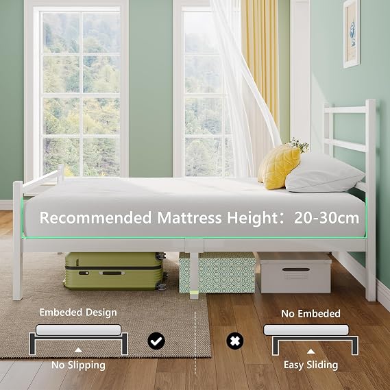 Feonase Metal Single Bed Frame With Stylish Headboard And Footboard,Single Bed Frame Easy Assembly, Ample Under-bed Storage Space (White, 90x190cm)