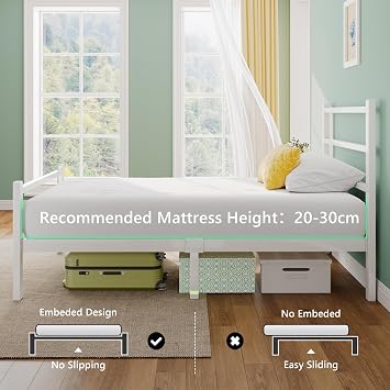 Feonase Metal Single Bed Frame With Stylish Headboard And Footboard,Single Bed Frame Easy Assembly, Ample Under-bed Storage Space (White, 90x190cm)