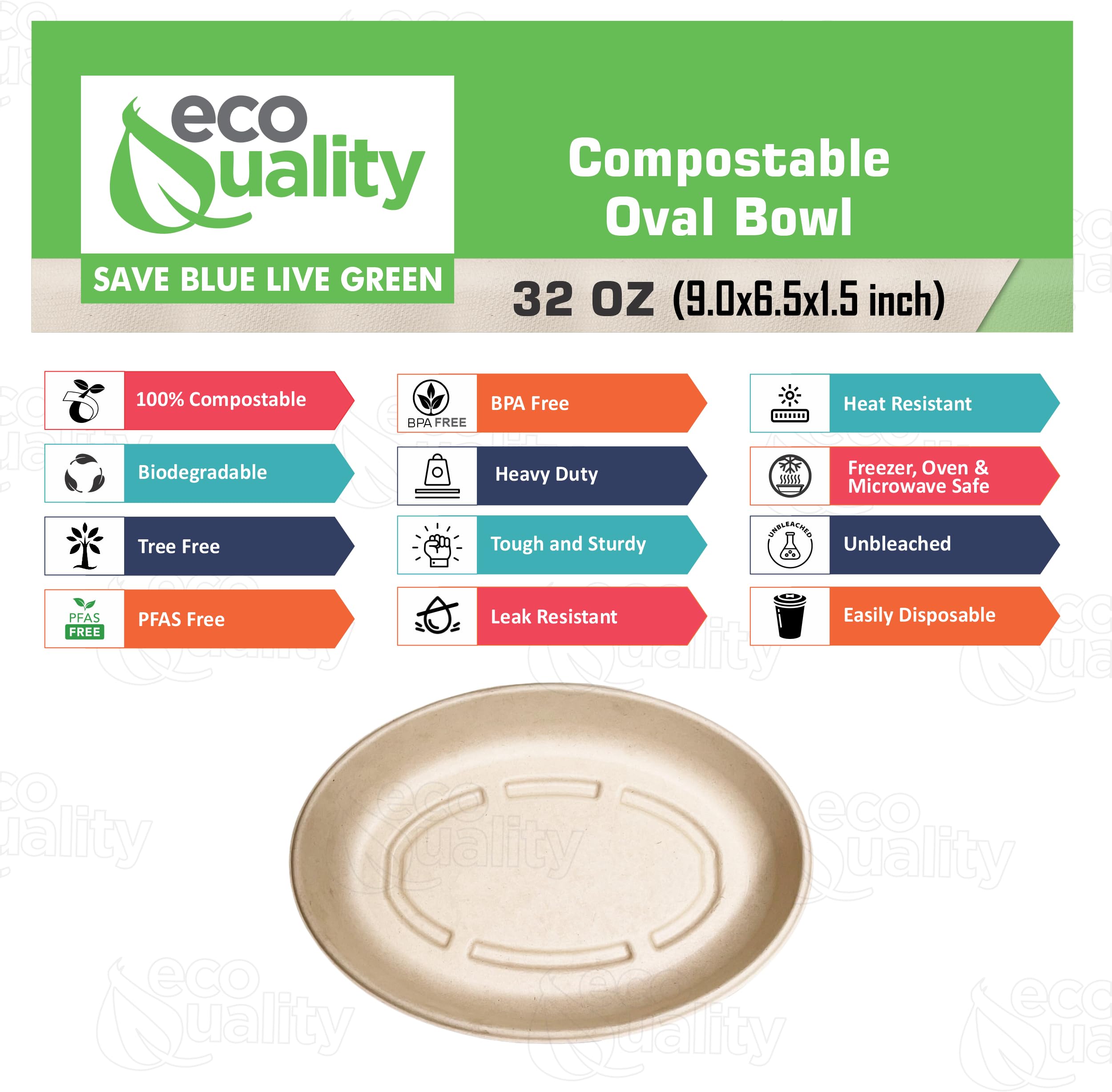 32oz Oval Disposable Compostable Paper Burrito Bowls Heavy-Duty, Eco-Friendly Oval Bowls Natural Bagasse Unbleached, Heat Resistant, 100% Biodegradable Salad Bowls Alternative to Plastic (25)