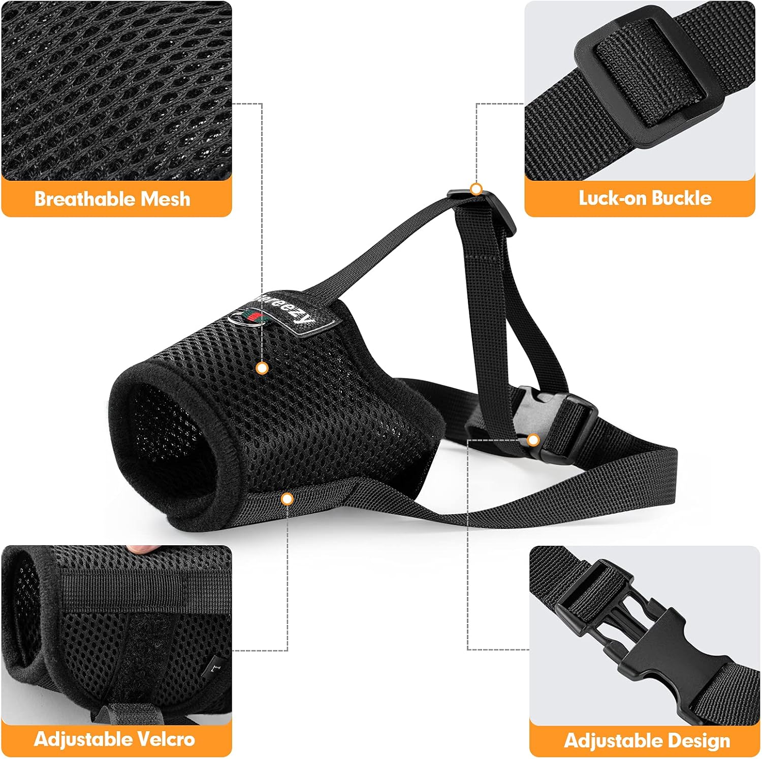 Bereezy Dog Muzzle, Mesh Breathable Dog Muzzles for Biting Barking and Chewing, Adjustable Pets Muzzle for Small Medium Large Extra Dogs with Velcro and Buckle, Black, Large (Pack of 1)