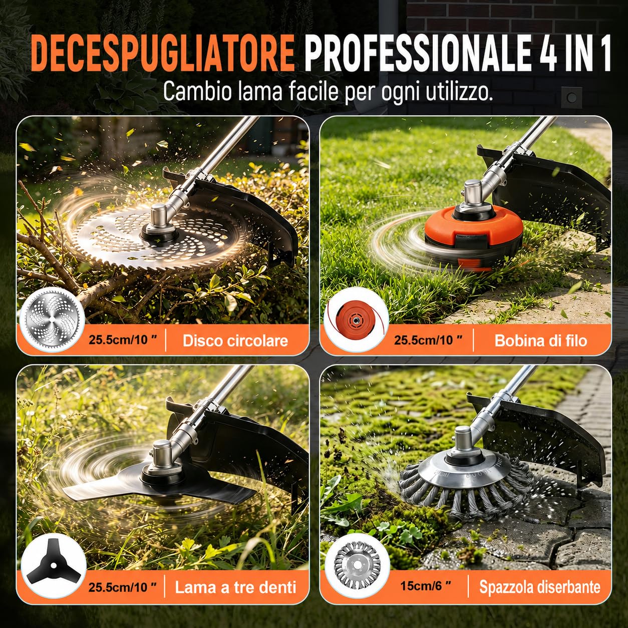 Decespugliatore a Batteria 4 in 1 Brushless con 950W, 2 Batterie 4,0 Ah