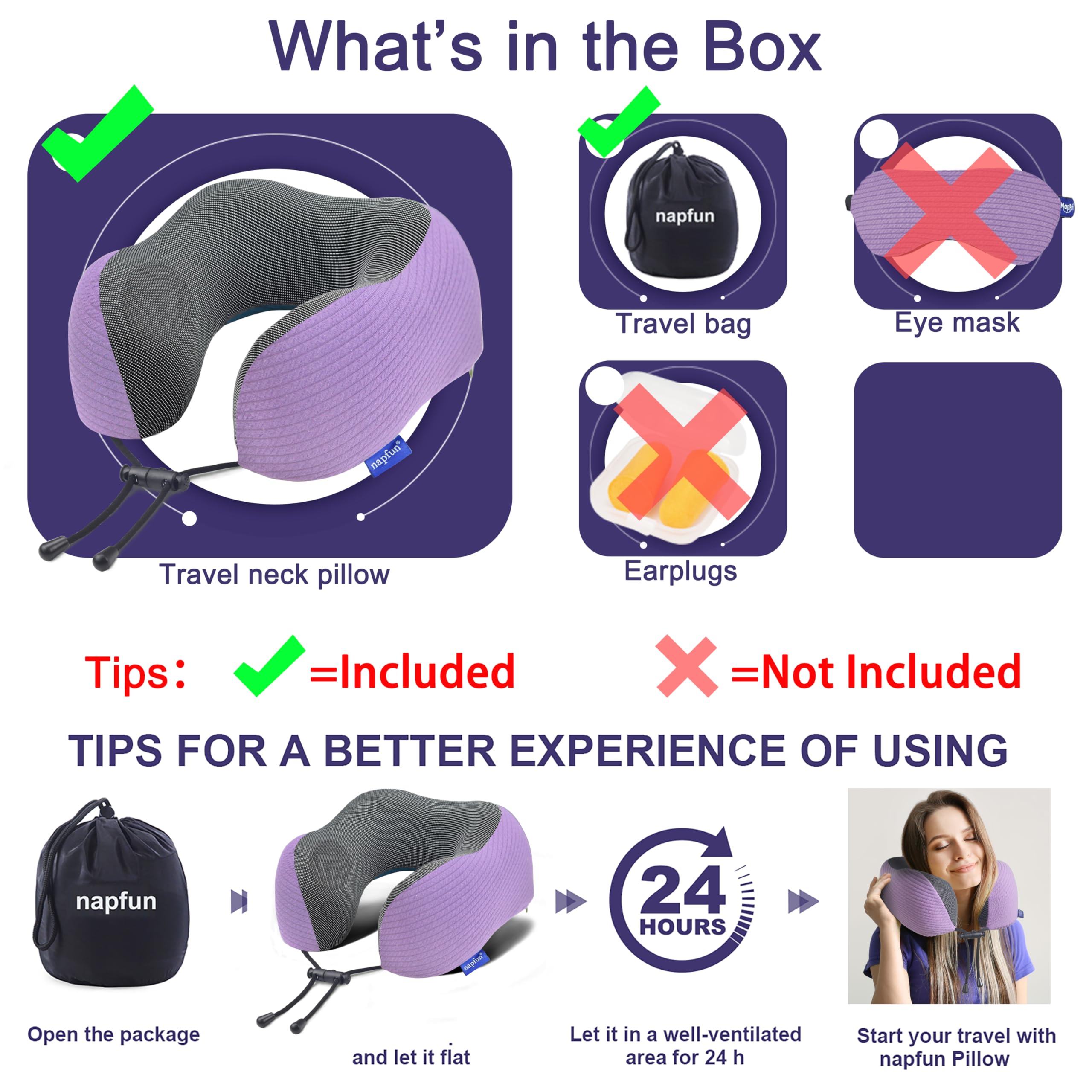 napfun Neck Pillow for Travel, Memory Foam Airplane Pillow, Light Purple view 5