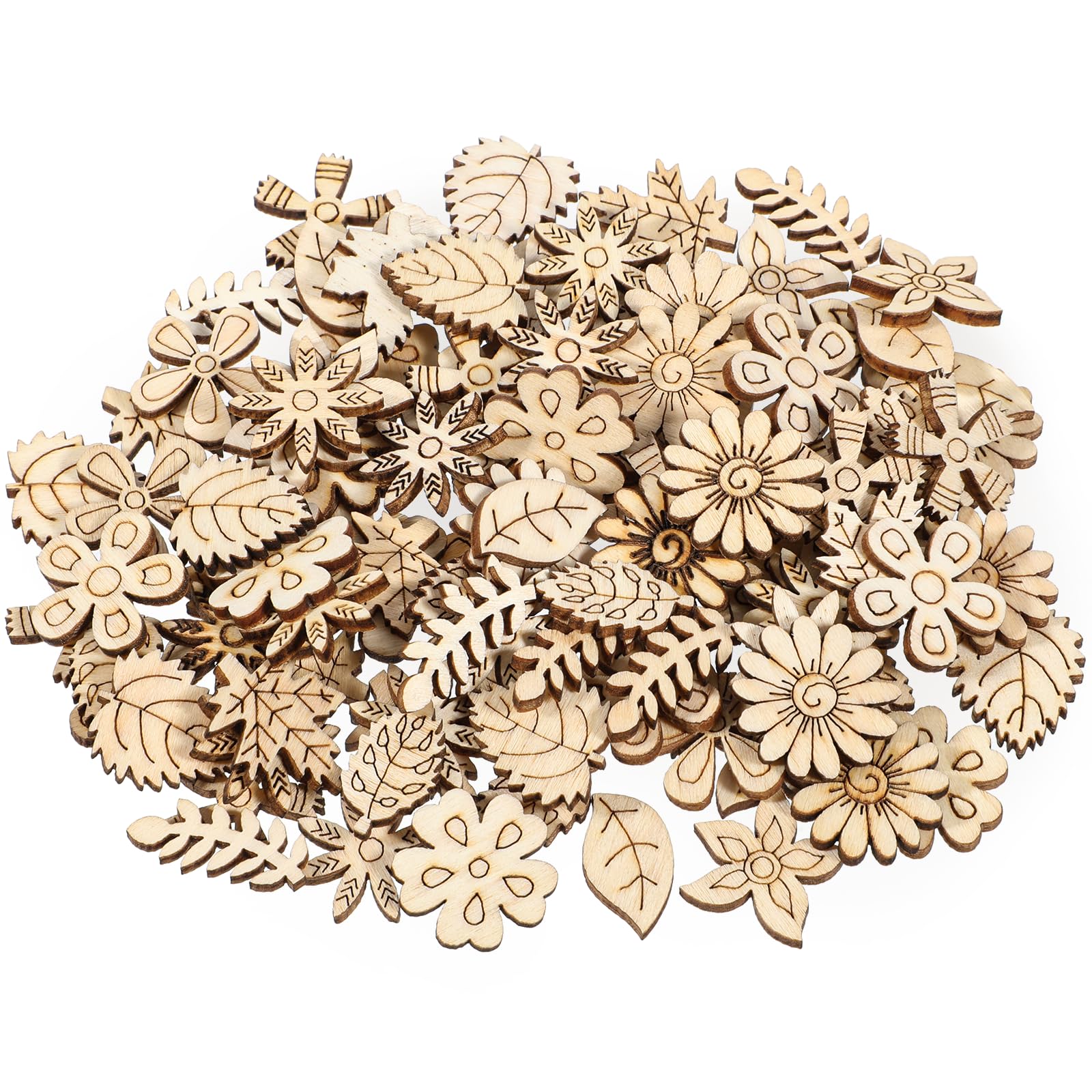 Grevosea 100 piezas de flores de madera sin terminar, artesanías de madera en blanco, patrón de hojas de flores, piezas de madera recortadas, artesanías hechas a mano para pintar, adornos de boda para el hogar, decoración