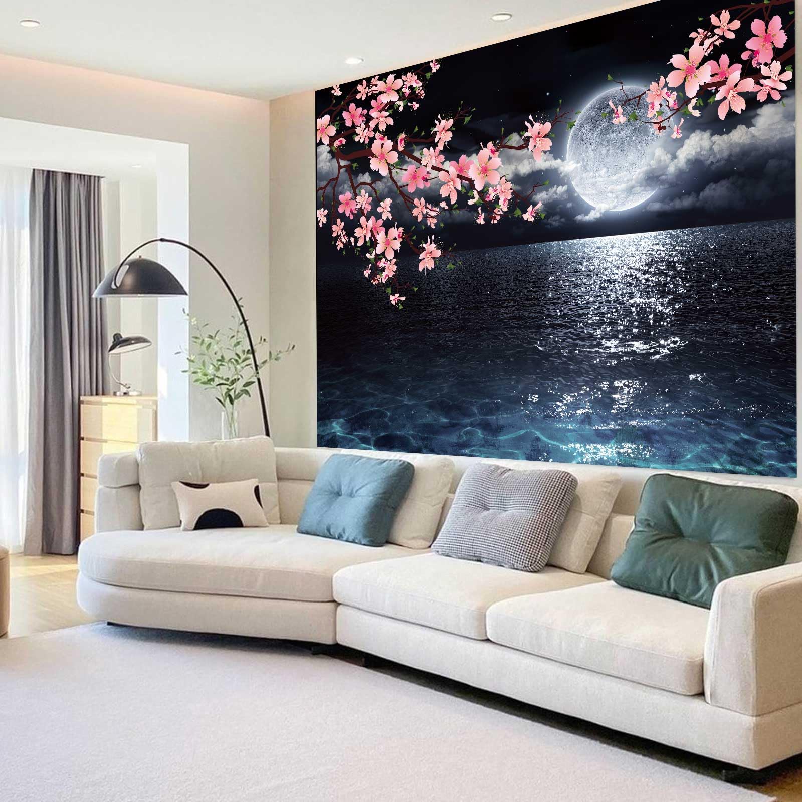 Ocean Moon Wall Hanging - Pink Cherry Blossom Japanese Anime Scenery Tapestry for Bedroom Living Room Decor - Artistic 60 x 40 Inches
