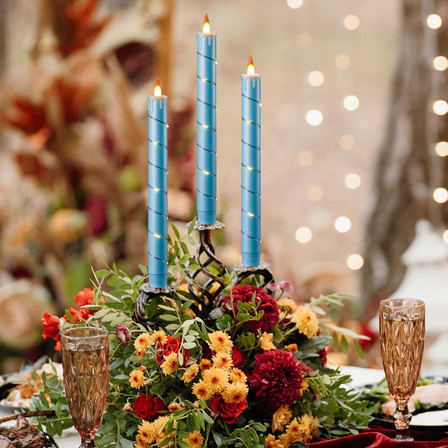 Da by 3 Pcs Flickering Flameless Battery Operated Taper Candle-Window Candles with Remote and Time-LED 3D Dynamic Flame-9.6 Inches for Wedding, Party,Home Decoration-Blue