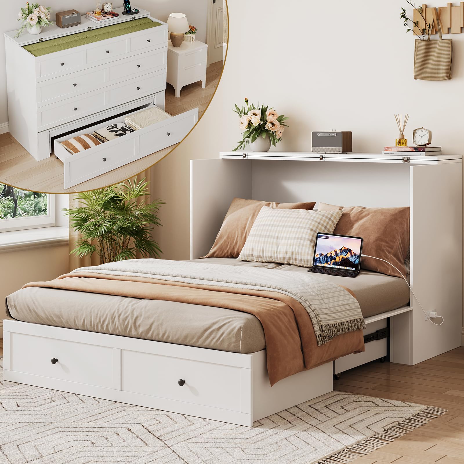 Full Size Murphy Bed with Charging Station & Drawer, Full Size Mobile Cabinet Bed Frame, Murphy Chest Bed for Bedroom, Guest Room