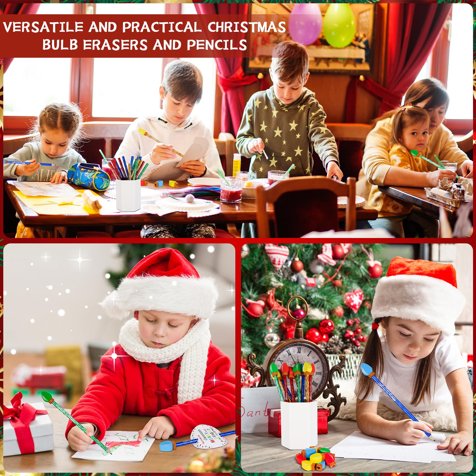 96 Sets Weihnachts-Bleistift-Radiergummis, Geschenke mit Glühbirne, Weihnachts-Bleistift-Radiergummi, Aufsätze, fröhliche helle Karten, Taschen, Mini-Glühbirnen-Radiergummis, mehrfarbig