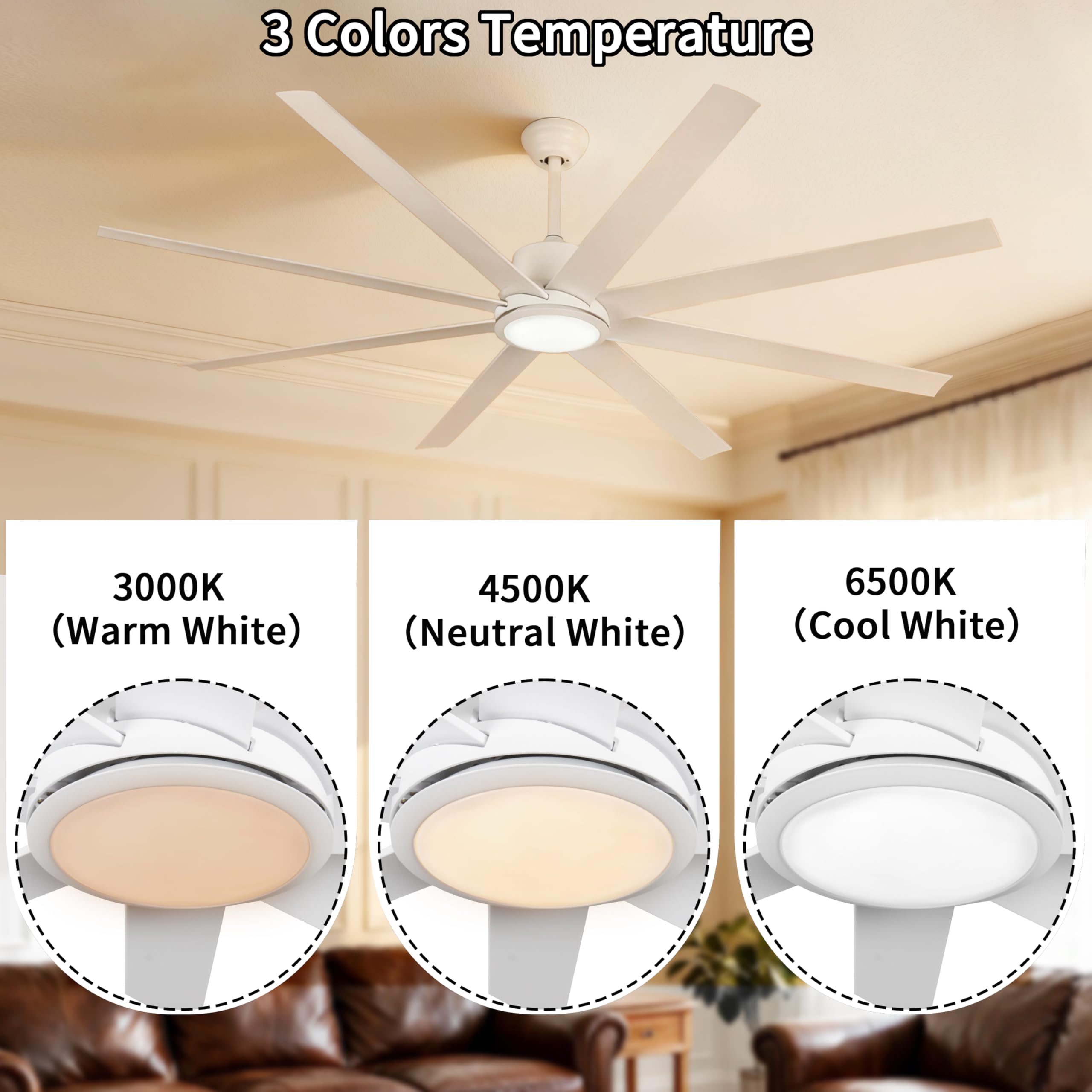 72 Inch Large Ceiling Fans with Lights and Remote Control 6 Wind Speeds LED Dimmable DC Reversible Modern — view 5