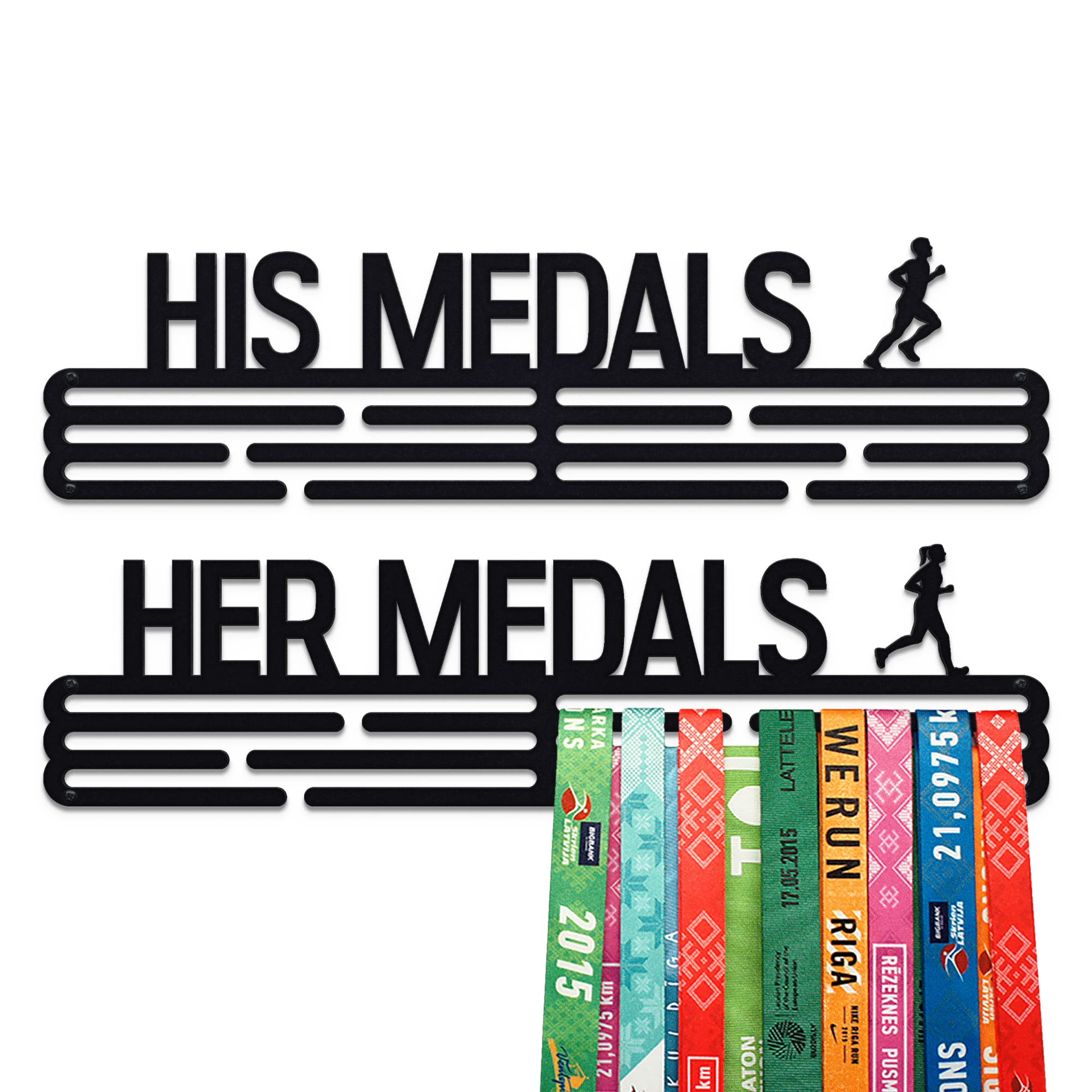 HIS & HER Medals Medaillenhalter Running Laufen Sport für 96 Medaillen Aufbewahrung - Läufer, Sportler Geschenk Marathon Zubehör - Medal Holder Hanger Display Rack - Schwarz