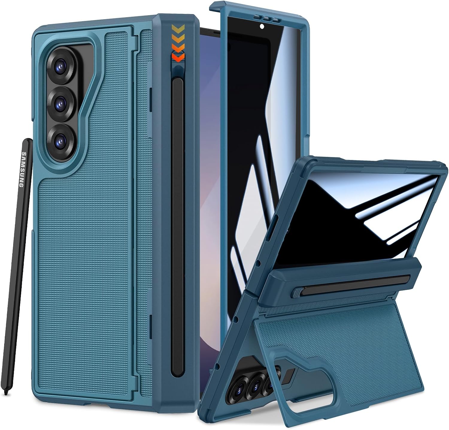 Ruky for Z-Fold-6-Case with [Hidden Foldable Kickstand & Hinge Protection], with S Pen Holder and Privacy Screen Protector, Shockproof Rugged Protective Wireless Charging Phone Case for Fold 6, Blue