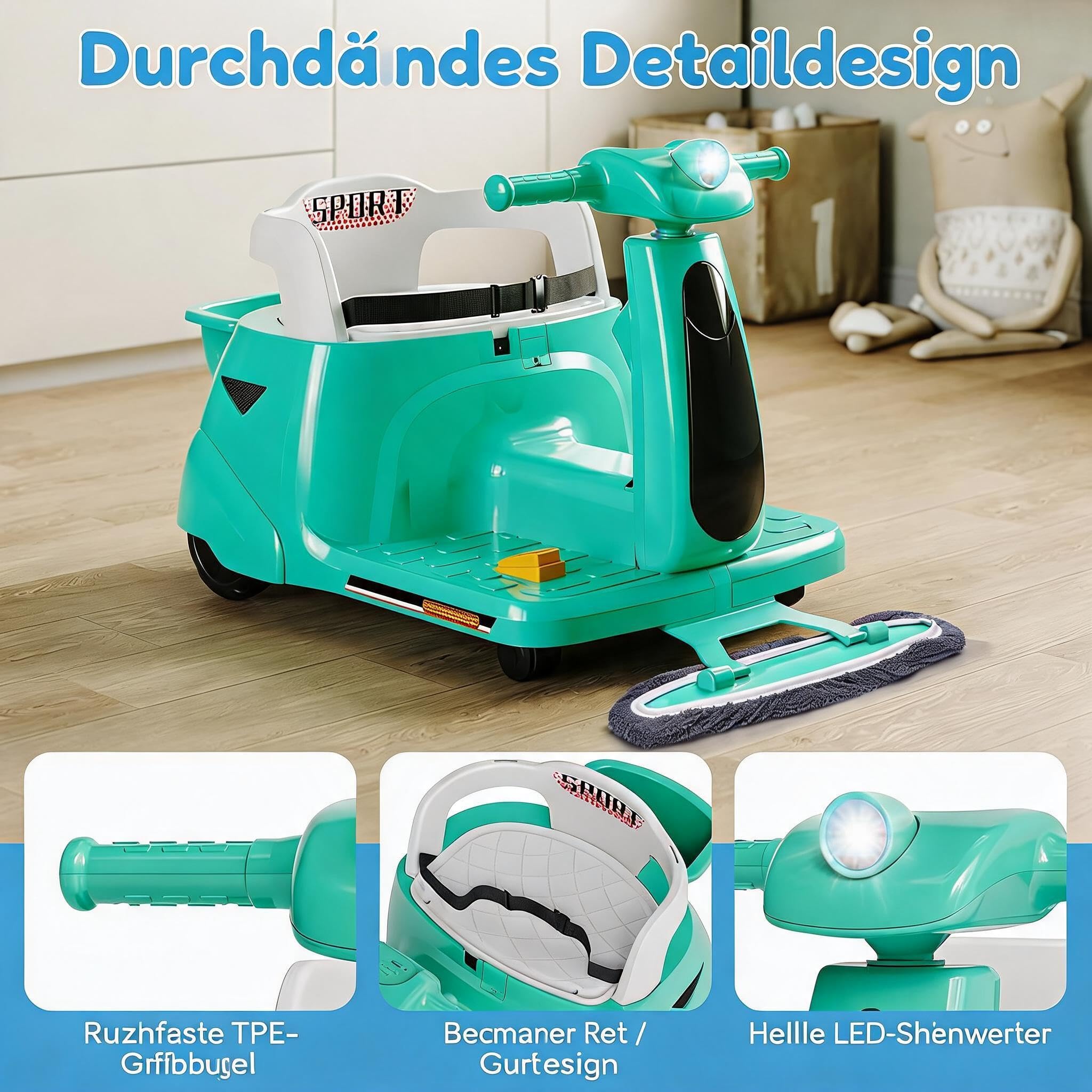 GarveeHome Kinder Elektroauto 12V 2-in-1 Mit Putzfunktion & Fernbedienung, Bluetooth, USB, LED-Lichtern, Grün