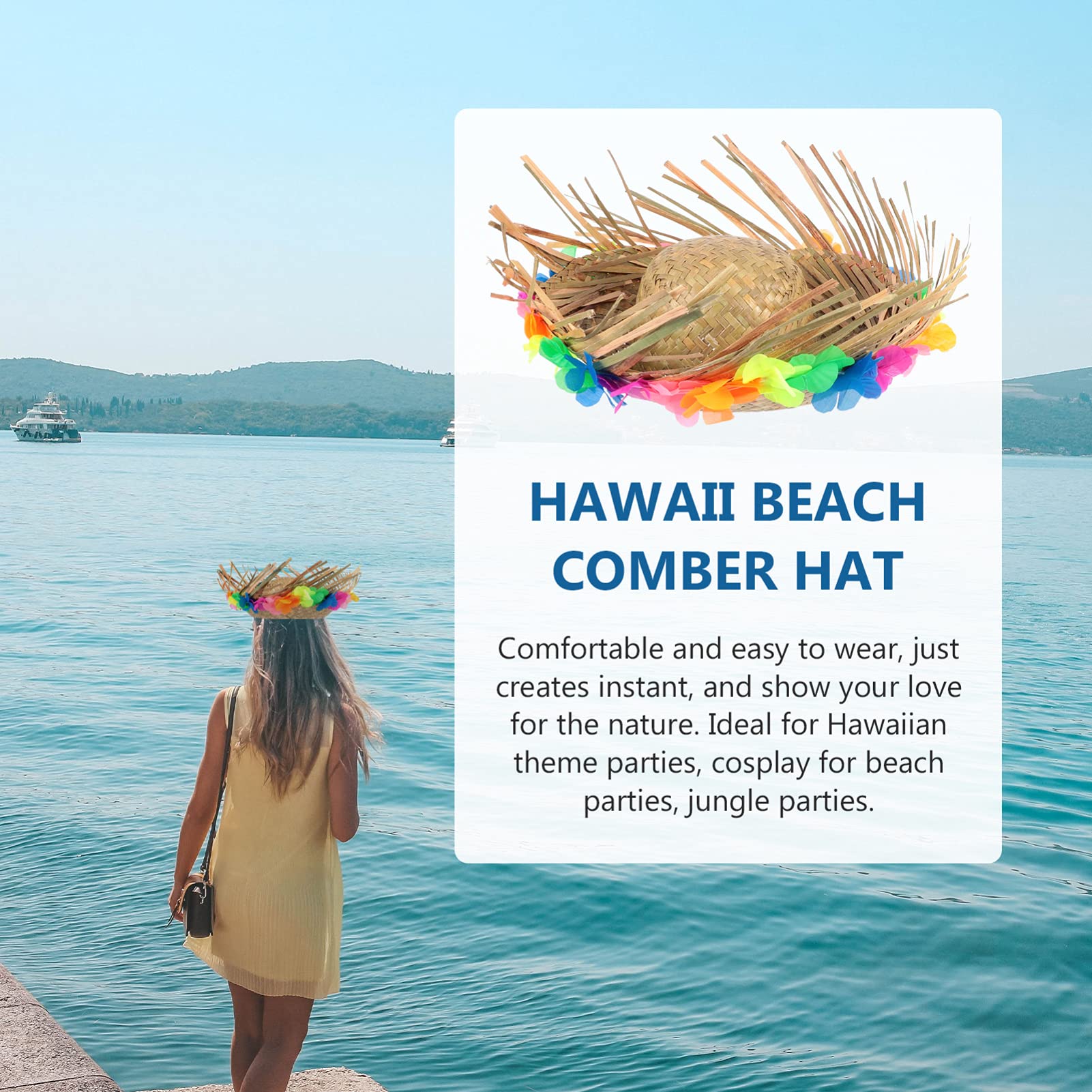 NOLITOY Sombreros hawaianos de paja para adultos, divertido sombrero de fiesta con ribete floral, suministros de fantasía hawaianos para fiestas de verano, disfraces, accesorios de decoración