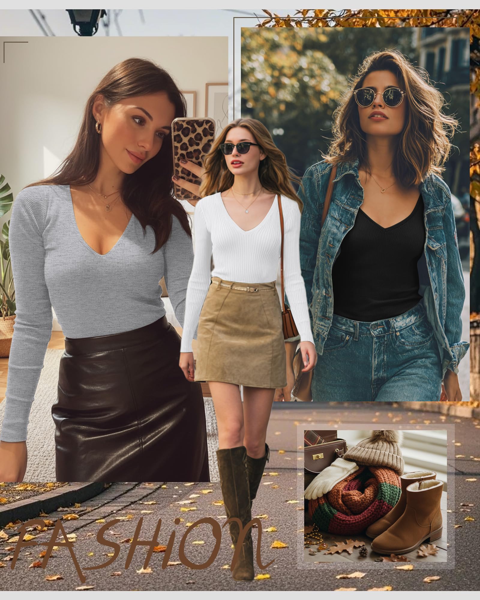 Ficerd Confezione da 3 Maglie a Coste per Donna | Tops in Cotone Con Scollo a V Per Uscire, Abbigliamento Casual Business, Canottiere Basic Aderenti Per Sotto Le Divise