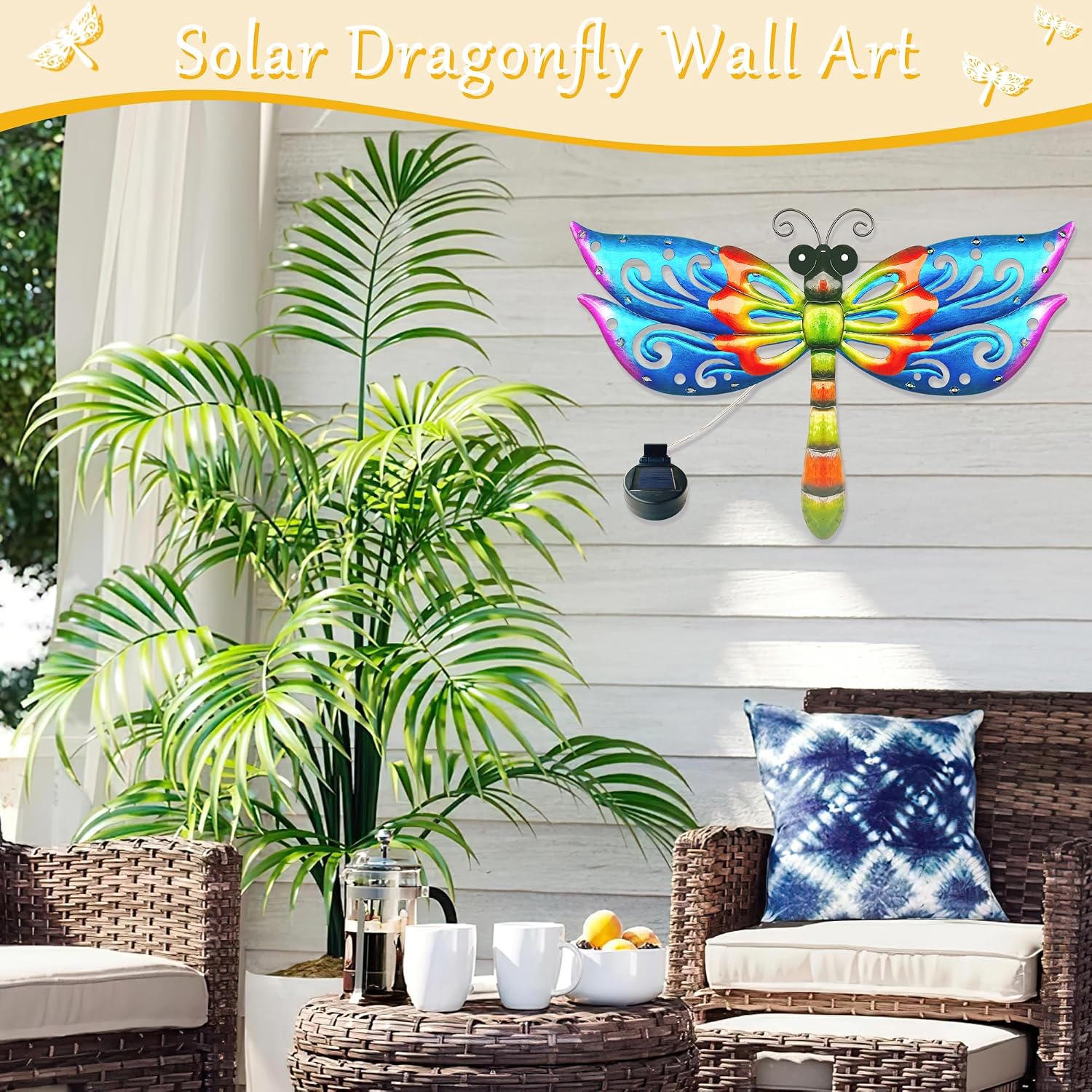 Solar LED Light Dragonfly Outdoor Metal Wall Yard Art Decor, Garden Pendant image 2