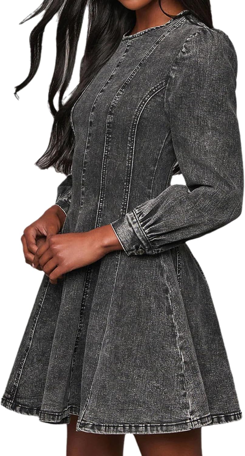Conshvi Denim Shirt Dress for Women Long Sleeve Crewneck Denim Dresses 2025 Fall Cute A Line Mini Short Jean Dress - Image 4