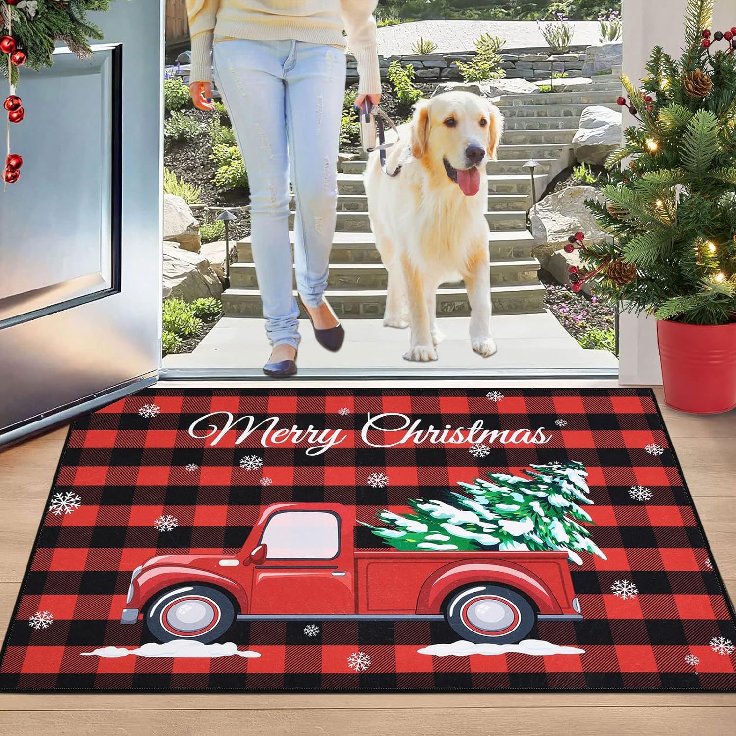 SHACOS Christmas Doormat 32"x48" Merry Christmas Red Truck Buffalo Plaid Non-Slip Xmas Tree Door Mat Washable, Low Profile Entrance Floor Mat for Home Festival Decorations Indoor Outdoor