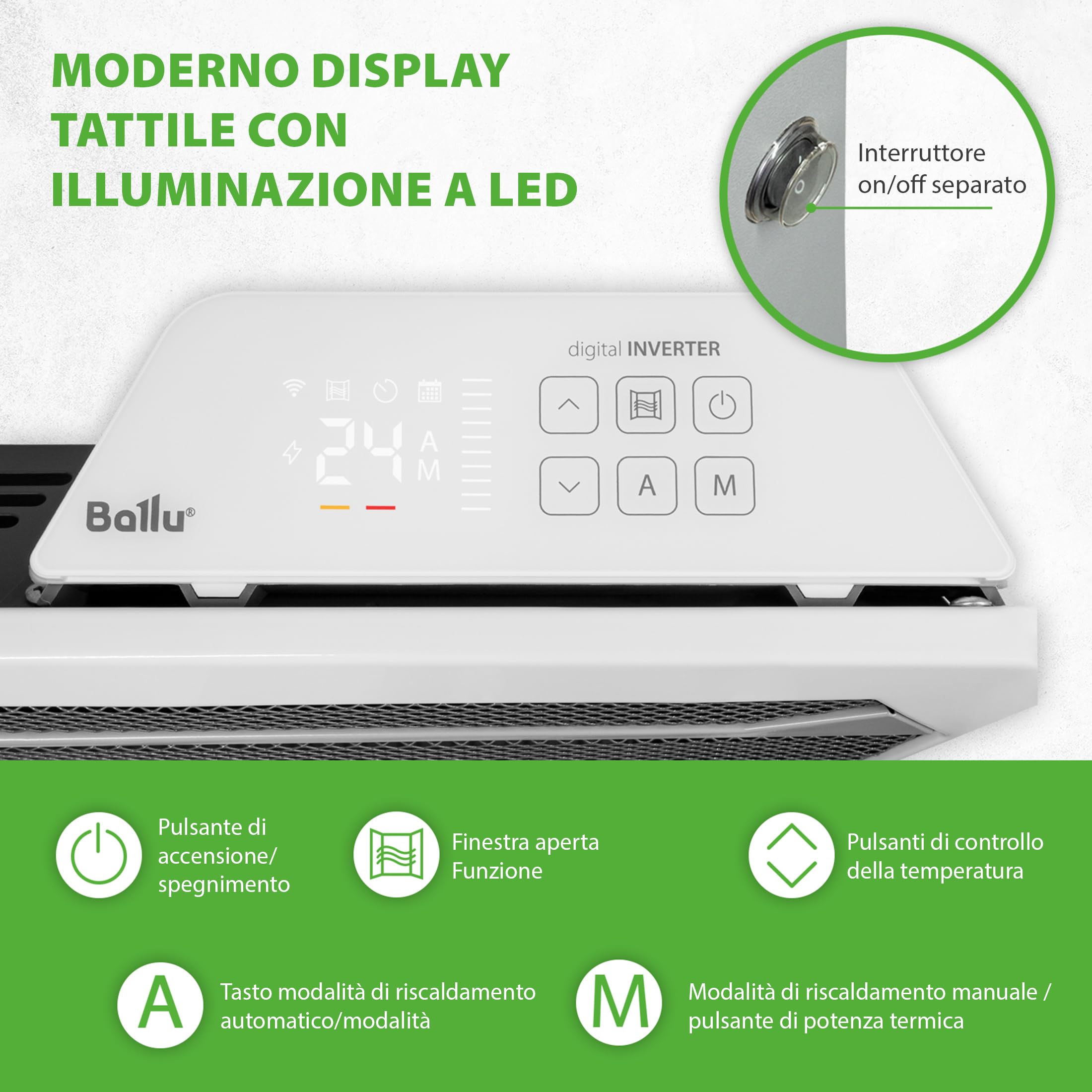 Ballu Rapid Convettore Riscaldatore con 2200W bianco - fino al 30% di risparmio energetico grazie all'esclusiva tecnologia Inverter + Modulo Wifi, programma settimanale, conforme ErP