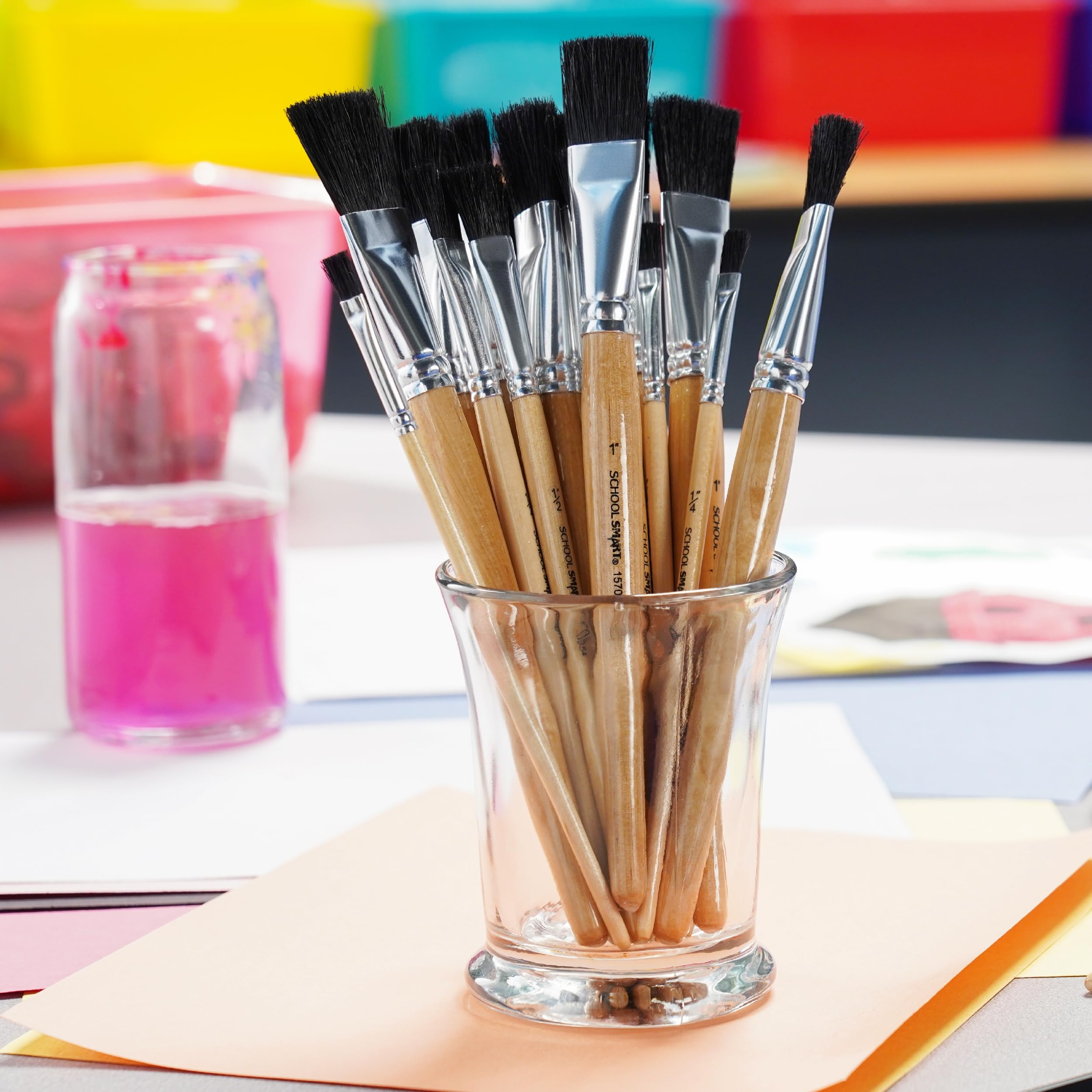 School Smart Black Bristle Paint Brushes with Short Wooden Handles for School and Arts and Crafts Use, Bulk Set of 24 - Image 9