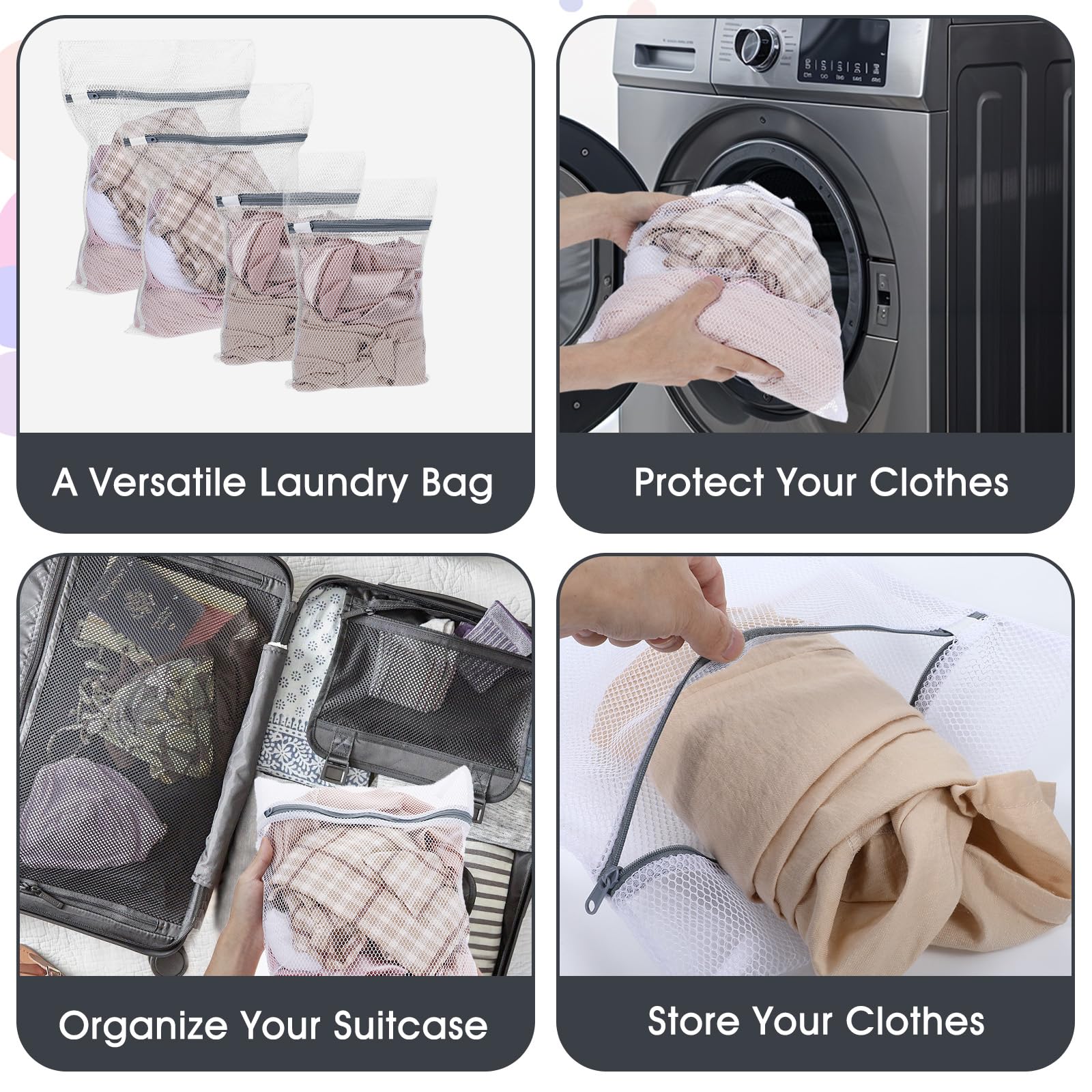 Lot de 4 sacs à linge avec motif nid d'abeille - Réutilisables - Avec fermeture éclair - Pour machine à laver, vêtements, sous-vêtements