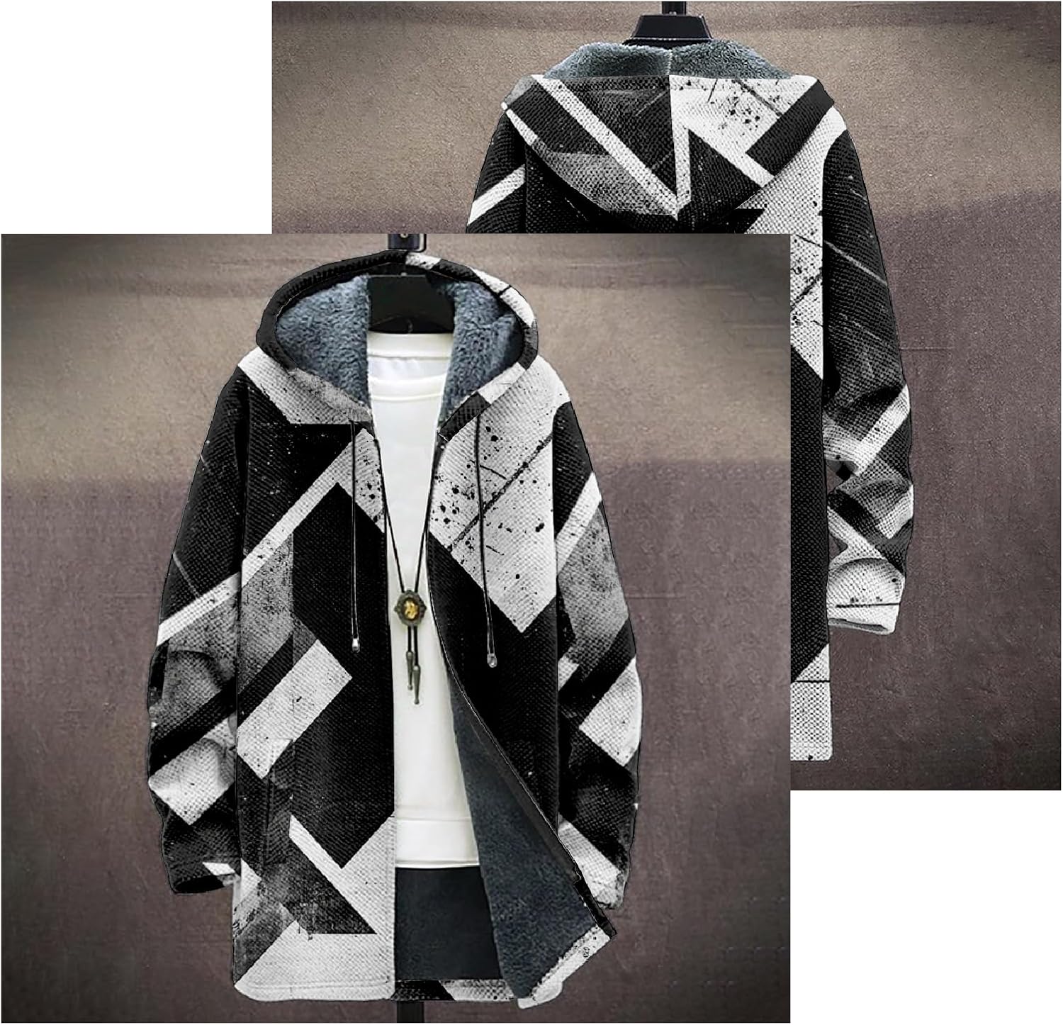 Mens Long Cardigan Hoodies Geometric Hooded Jacket Open front Knitted Sweater Hoodie with Pockets Winter Coats - Image 3