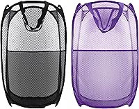 Vista 10 de Cesta de Ropa Sucia Plegable Emergente, Cesta de Ropa de Malla Plegable Extra Grande, 28" x 16" x 16", Paquete de 2 (Negro + Gris)