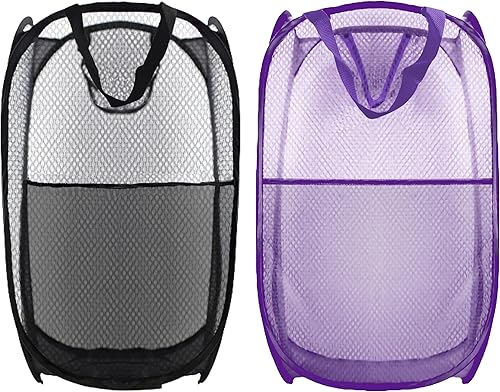 Miniatura 9 de Cesta de Ropa Plegable Emergente, Canasta de Ropa de Malla Plegable Extra Grande, 28" x 16" x 16", Paquete de 2 (Negro + Azul)