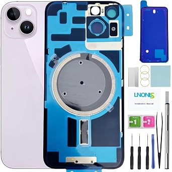14 Back Glass Replacement for iPhone 14 Rear Back Cover Glass with Waterproof Frame and Camera Lens+Professional Repair Tool Kit Purple