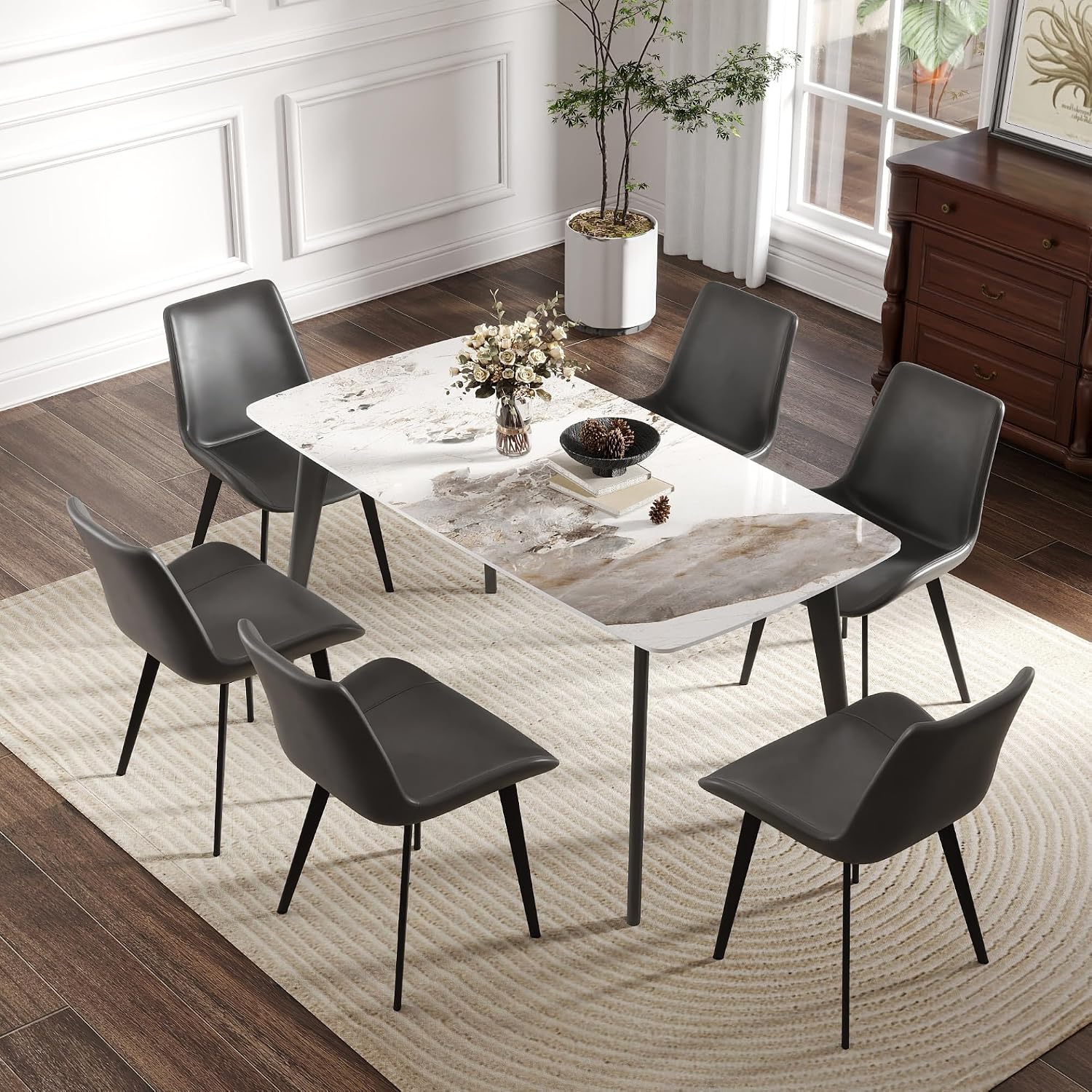 Leavader Sintered Stone Dining Table Set - 63" Modern Marble Dining Table with Durable Metal Base, 1 Pc Table with 6 Pcs Chairs Dining Room Set for Home Kitchen