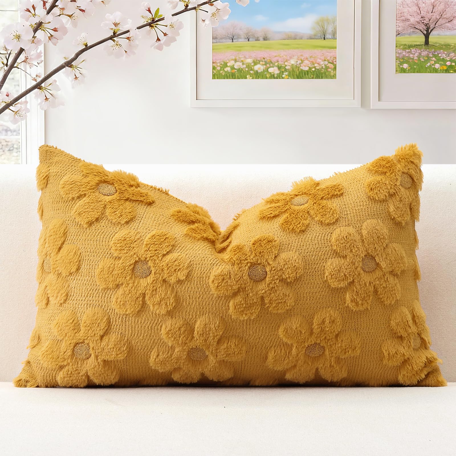 Artscope Spring Summer Cushion Cover Set of 1 Flowers Throw Pillow Cover for Sofa 40x60cm Lumbar Seasonal Soft Plush Short Wool Velvet Cushion Case Holiday Decor Mustard Yellow