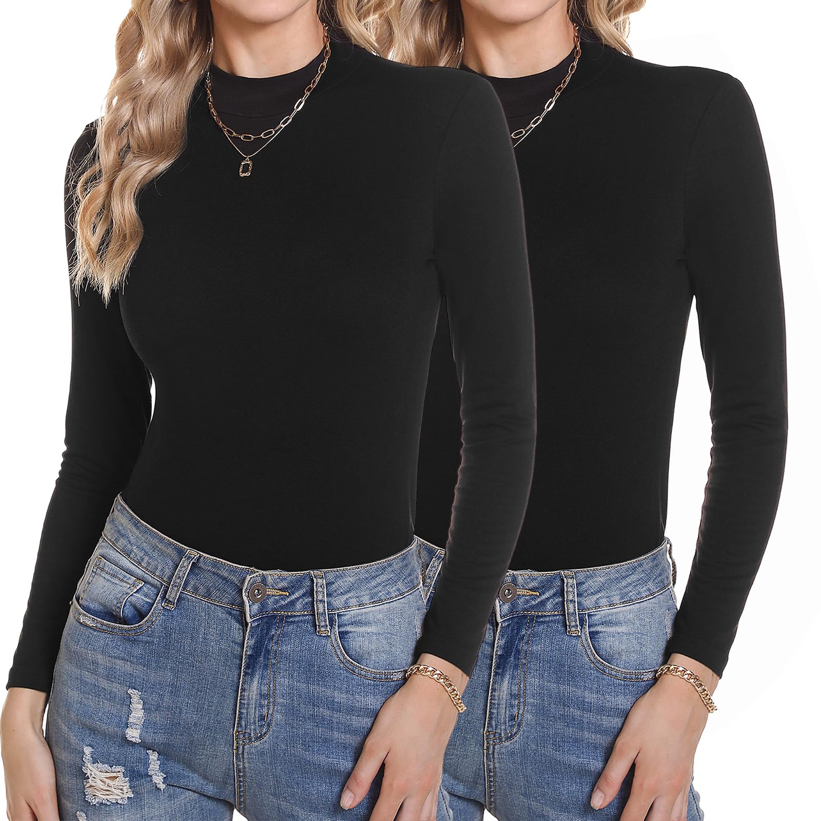 Aottori Damen 2 Pack Langarmshirt Set Stehkragen Rollkragenshirt Baumwolle Elegant Basic Oberteile Langarm Unterhemd Winter T-Shirt Stretch Tops