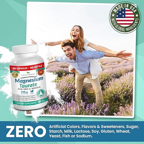 Miniatura 7 de Taurato de magnesio 400 mg  Alta absorción  200 cápsulas para dormir, salud cardíaca, calma y suplemento articular para mujeres y hombres  Fabricado