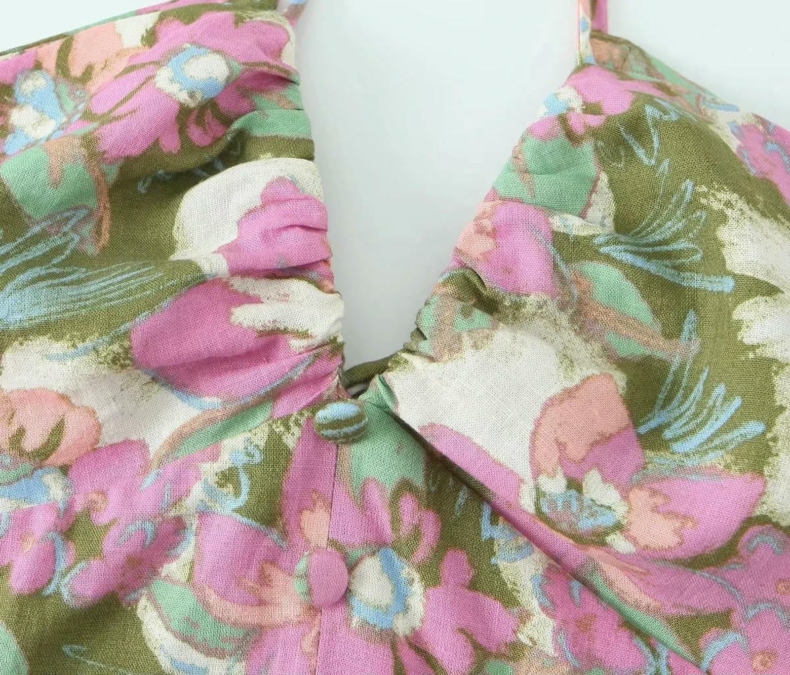 Sukienki damskie moda len mieszane kwiaty nadruk sukienka wakacje dekolt w serek regulowane paski otwarte plecy krawat przód rozcięcie kobieta, kolor obrazu, S