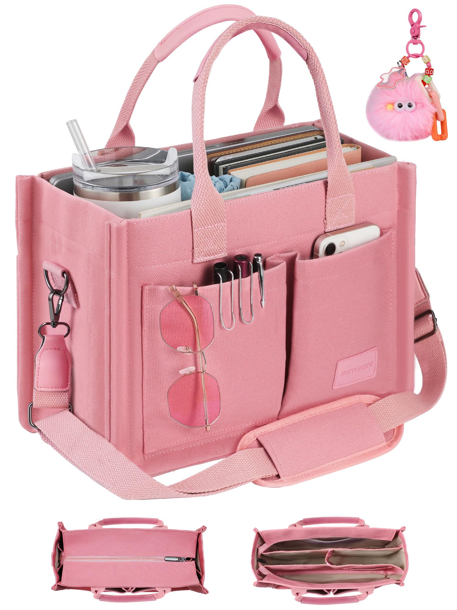 BECOJADDE Structured Canvas Tote Bag for Women, Multi-Compartment Zippered Purse for Work Bible Travel