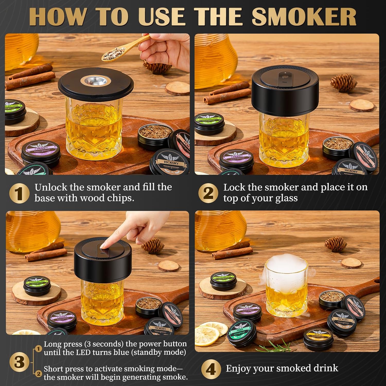 Electric Whiskey Smoker Kit with Wooden Display Barrel, Rechargeable Cocktail Smoker Kit with 6 Premium Wood Chips for Old Fashioned & Whiskey – Bar Gift for Men, Dad, Husband (No Butane Needed)