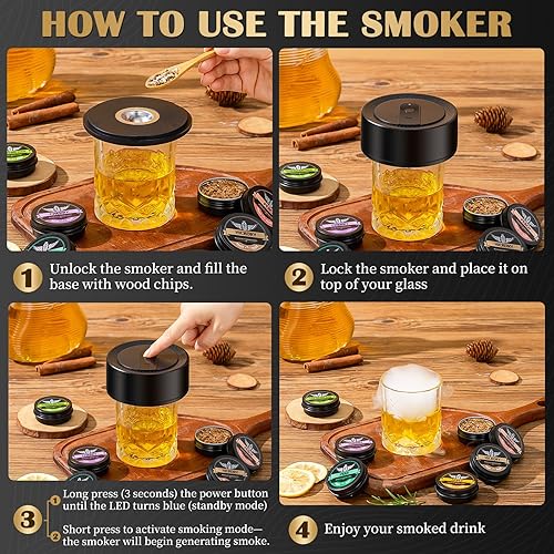 Miniatura 6 de Kit de ahumador eléctrico de whisky con barril de exhibición de madera, kit de ahumador de cóctel recargable con 6 virutas de madera de primera