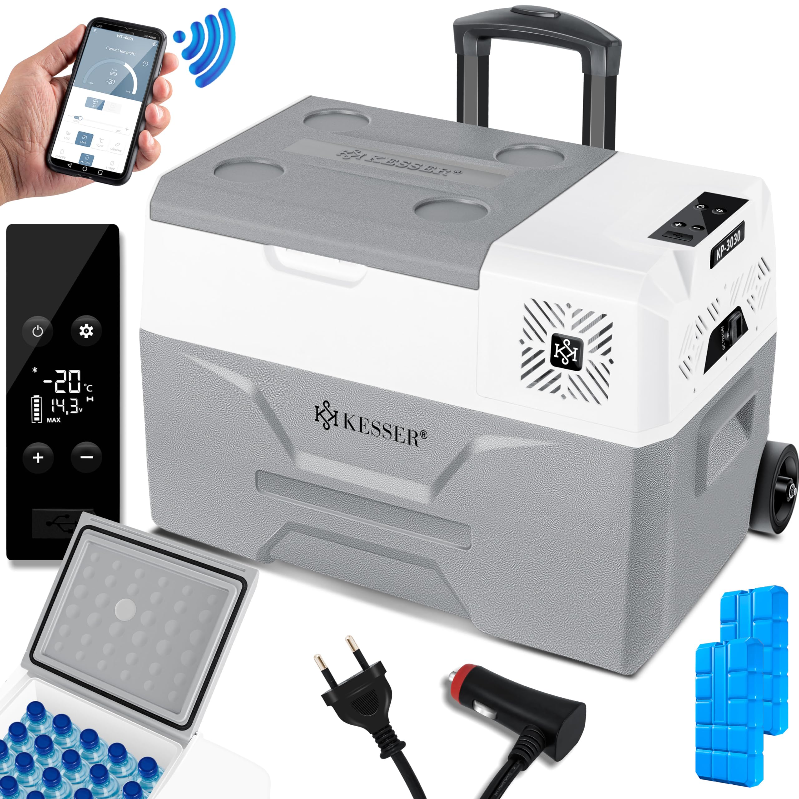 KESSER® Nevera eléctrica portátil de compresor 30 litros, congelador con control APP, conexión USB 12/24 V 230 V, ruedas de varilla telescópica, refrigeración hasta -20 °C, Gris