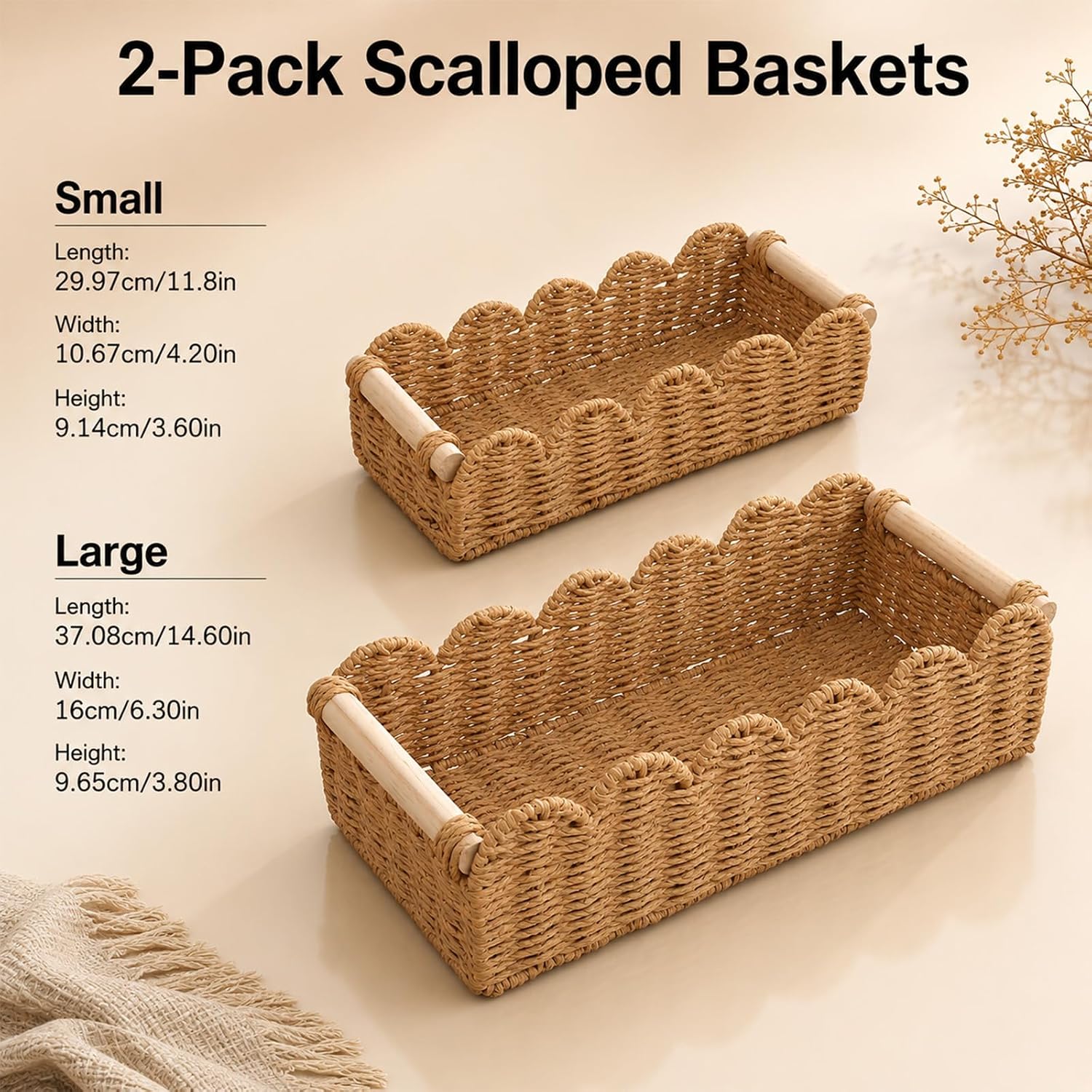 2Pcs Paper Rope Baskets w/Wooden Handles, Scalloped Organizer for Bath