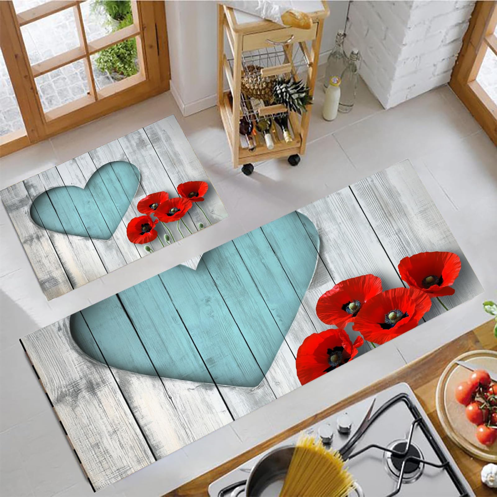 Tapis de cuisine antidérapant lot de 2 idéal pour couloir et salle à manger fleurs rouges