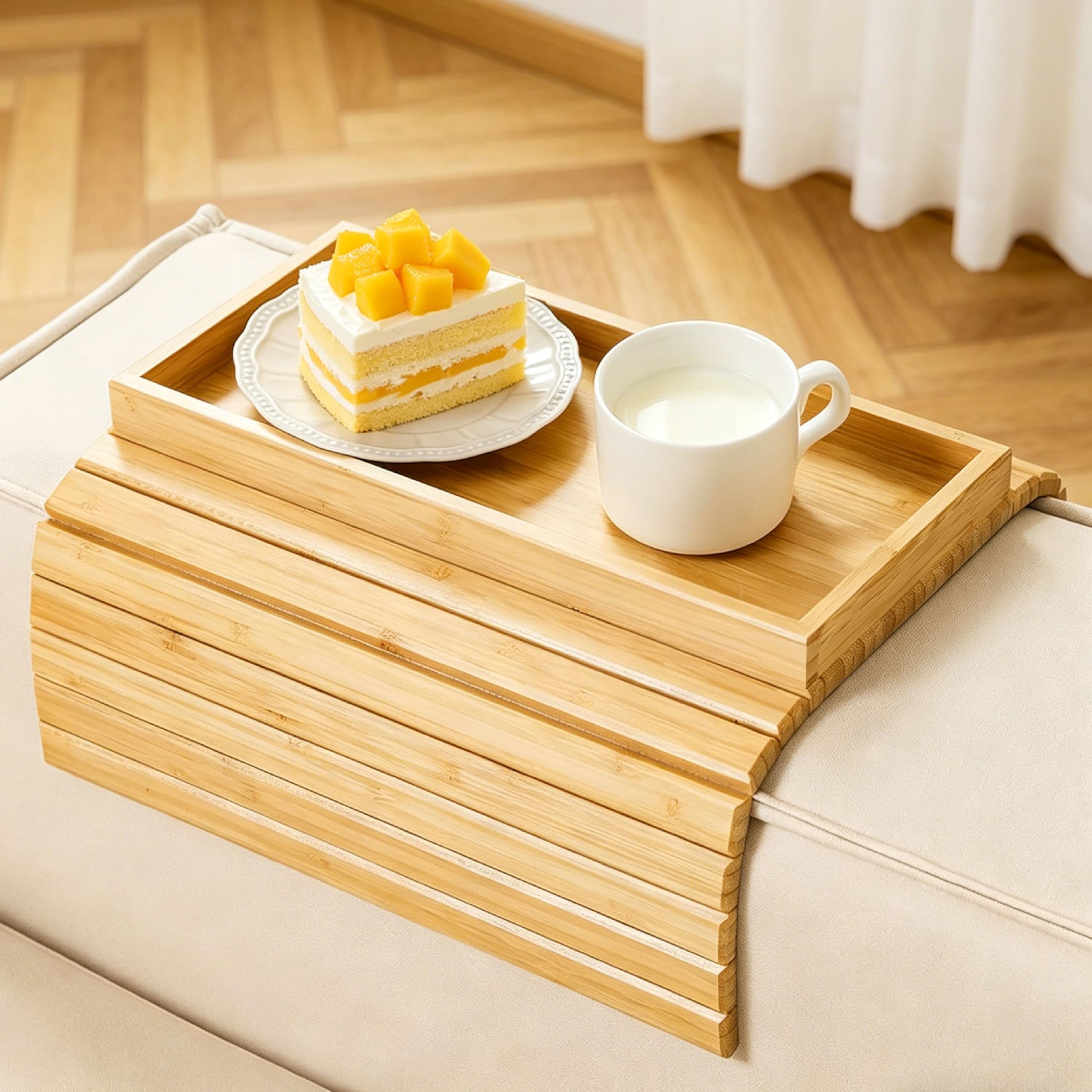 Bandeja para sofá de brazos y sillones: mesa de bambú portátil con soporte para móvil